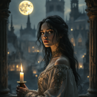 A young woman in a flowing white gown holds a candle, gazing thoughtfully at the viewer. The moon illuminates a gothic cityscape in the background, enhancing the mysterious atmosphere.