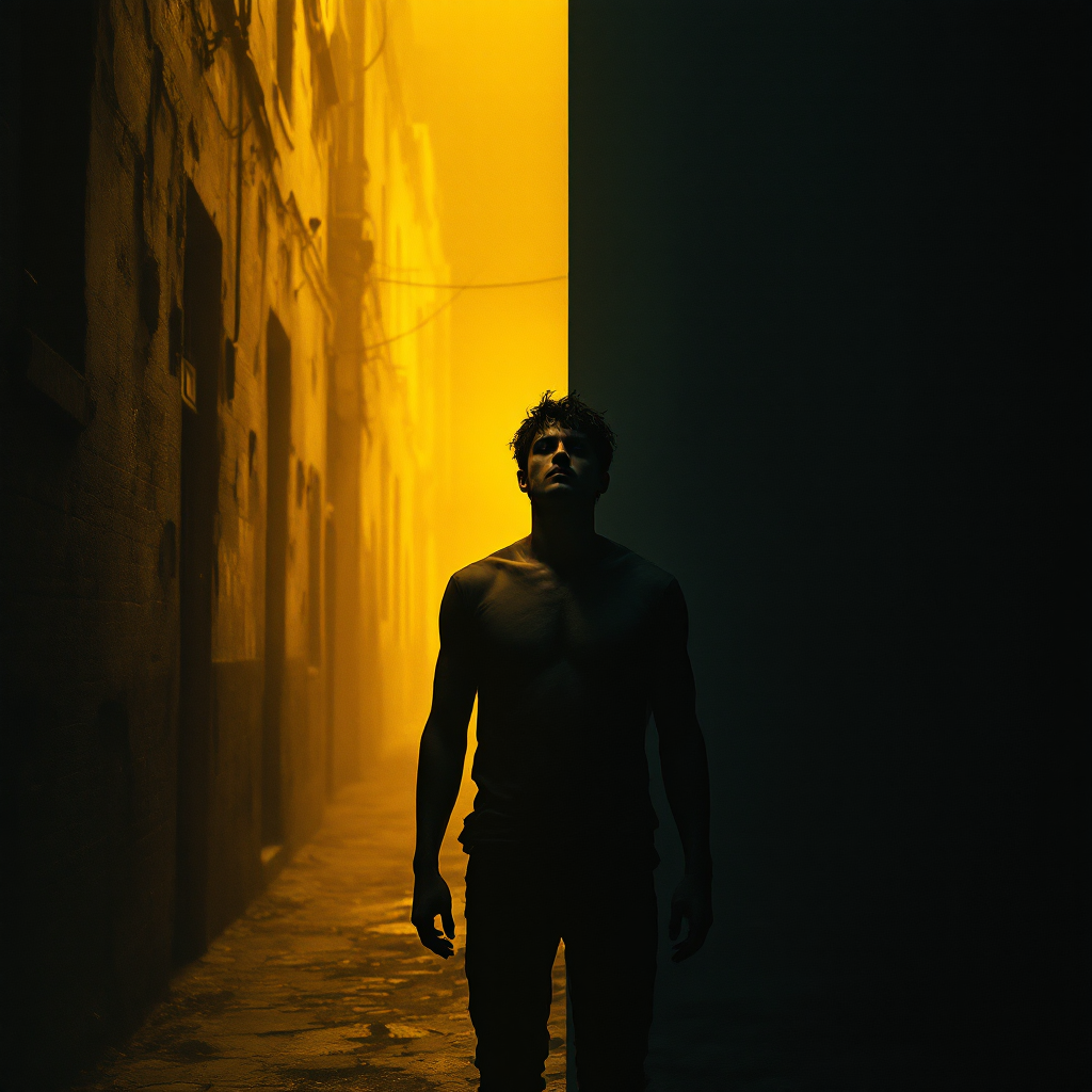 A figure stands in a narrow alley, illuminated by a vibrant yellow light, conveying a sense of life and existence, echoing the quote about the heartbeat of survival in each moment.