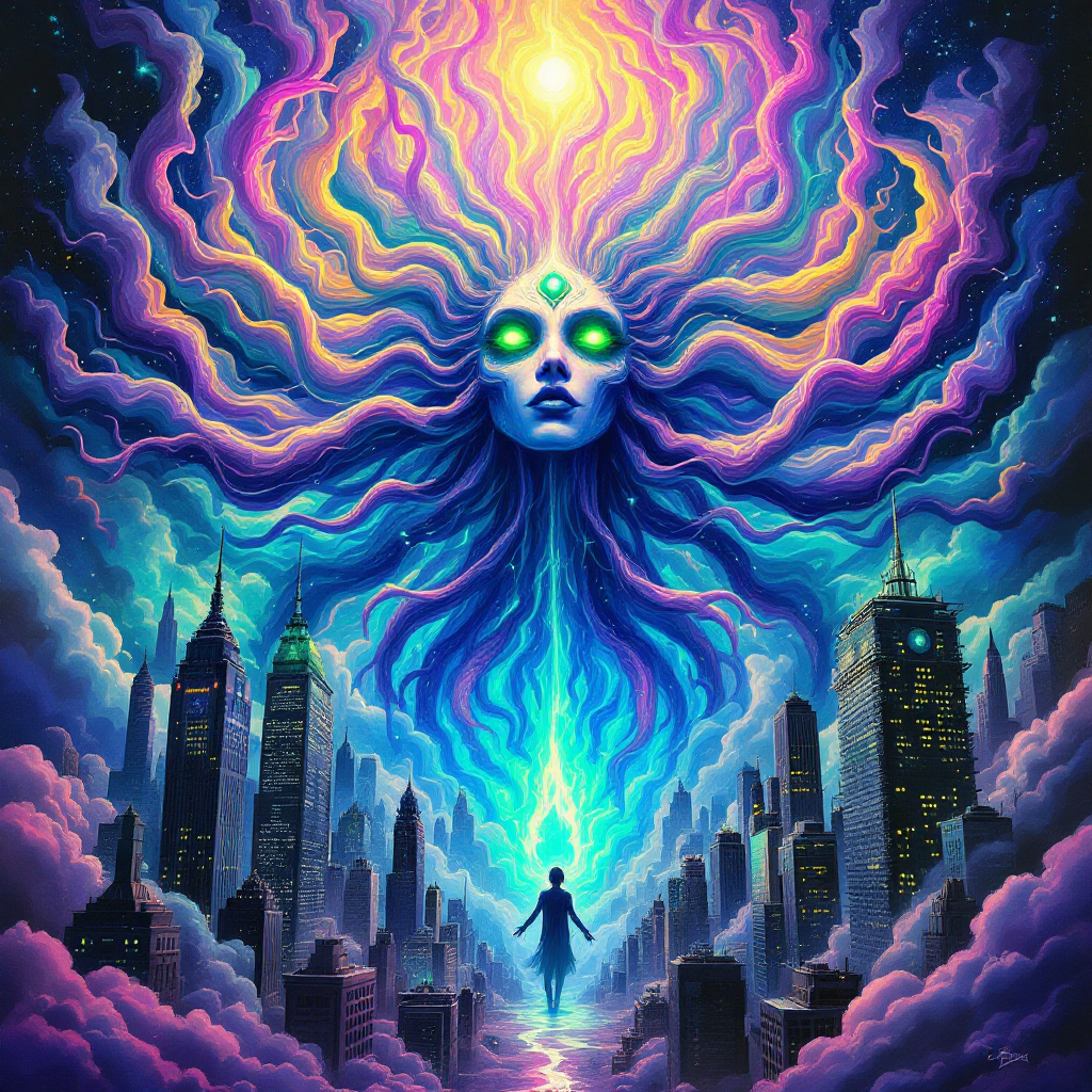 A vibrant cityscape beneath a surreal, dreamlike figure radiates colorful energy, illustrating the quote A single dream is more powerful than a thousand realities.