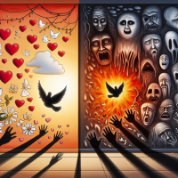 An artistic depiction: on the left, vibrant colors, hearts, and flowers with outstretched hands; on the right, dark shades, frightened faces, exploding center, and desperate hands, representing fear and aggression.