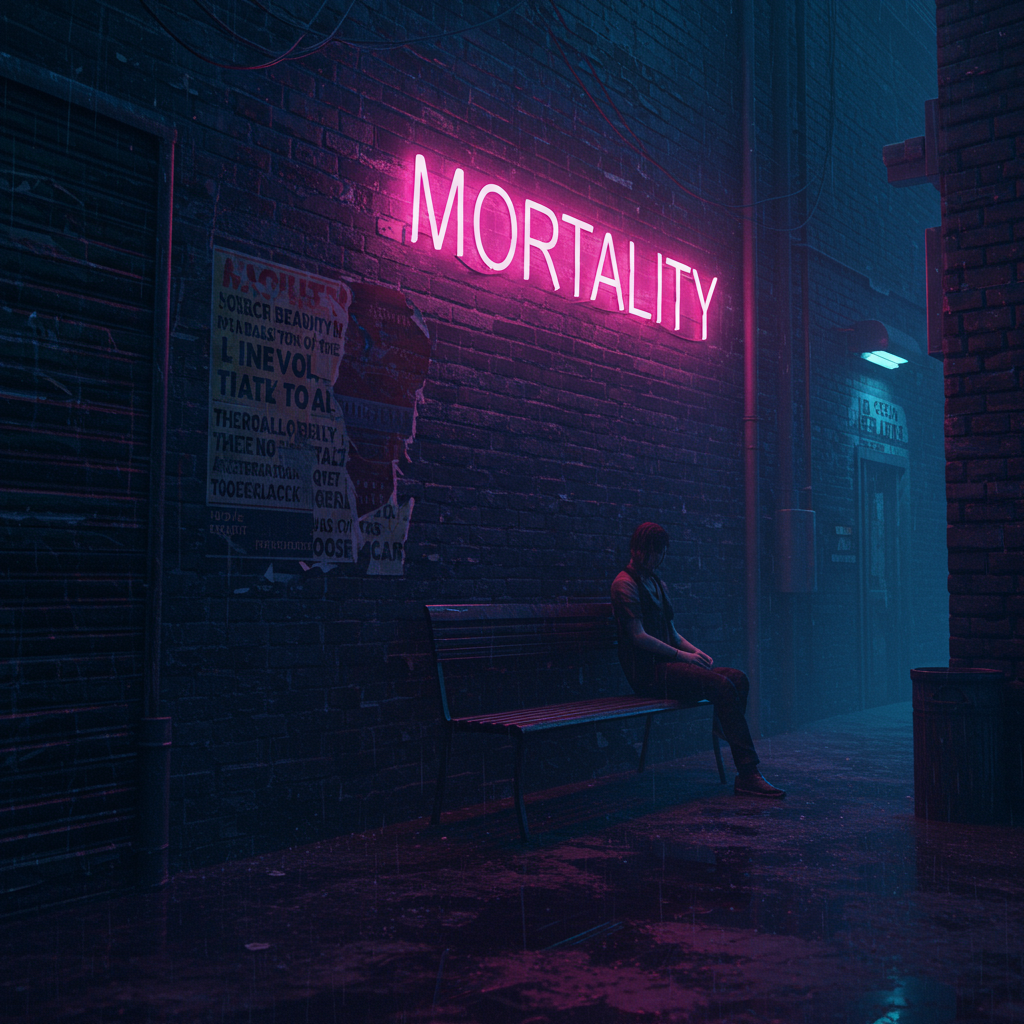 A dimly lit alley features a glowing pink neon sign reading MORTALITY, where a solitary figure sits on a bench, evoking the quote about mortality trumping morality.