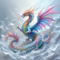 A vibrant, multi-colored dragon with intricate scales and majestic wings stands on a textured, light-faceted surface, embodying the power of language as the most dangerous weapon.