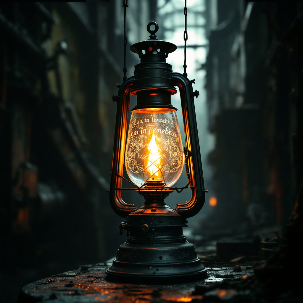 A glowing vintage lantern illuminates a dark, industrial setting, embodying the quote, May it be a light to you in dark places, when all other lights go out.