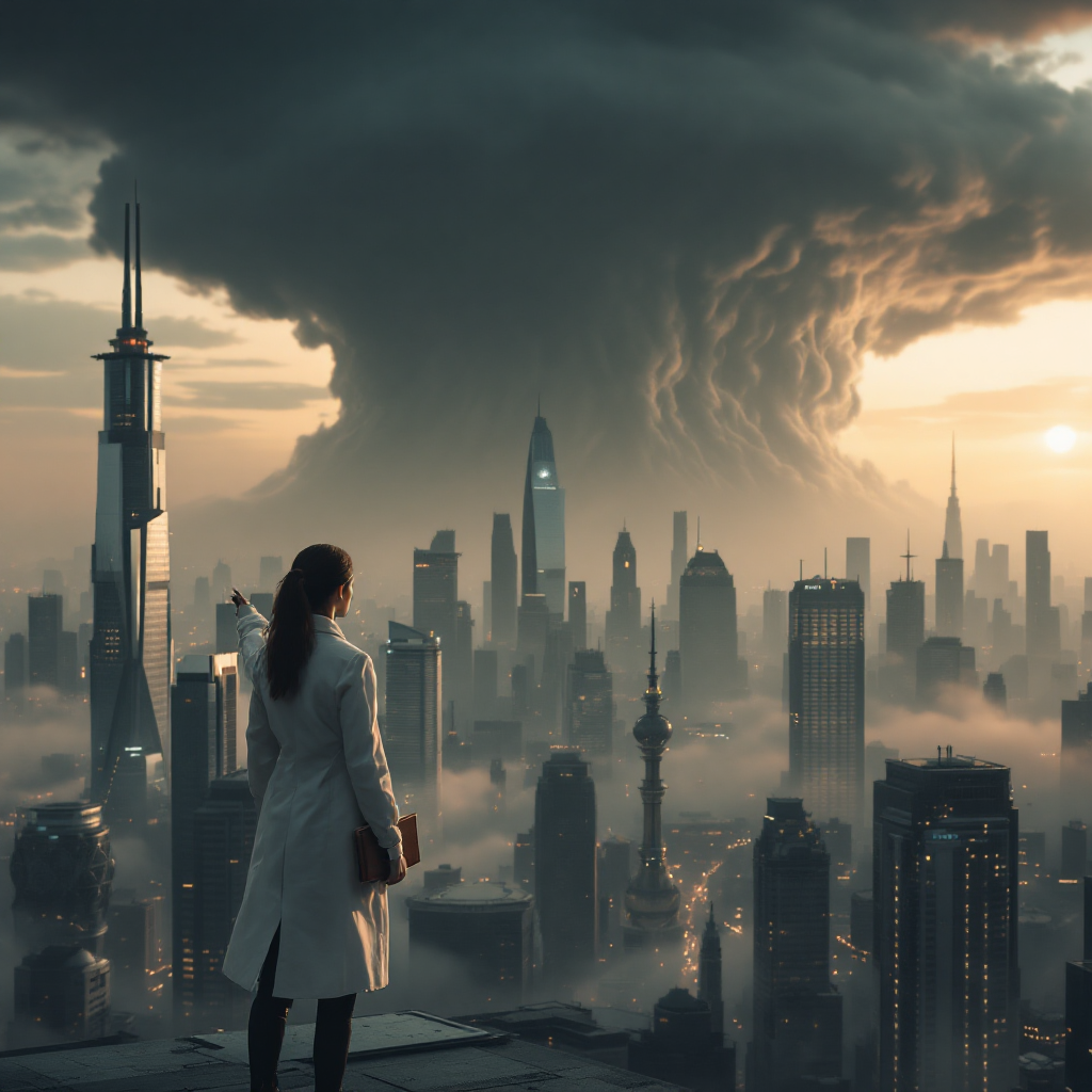 A scientist in a white lab coat stands on a rooftop, gazing at a dystopian cityscape engulfed in ominous clouds, symbolizing the race between education and catastrophe.