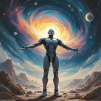 A futuristic humanoid figure stands with outstretched arms in a cosmic landscape, illuminated by swirling galaxies and planets, embodying a sense of awe and unpreparedness for the unknown.