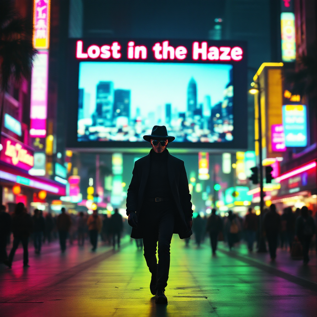 A shadowy figure walks through a vibrant, neon-lit cityscape under a glowing sign that reads Lost in the Haze, reflecting the theme of battling unseen enemies.