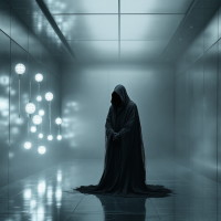 A cloaked figure stands in a dimly lit, futuristic hallway, surrounded by glowing orbs, embodying the contrast between emotion and advanced intelligence.