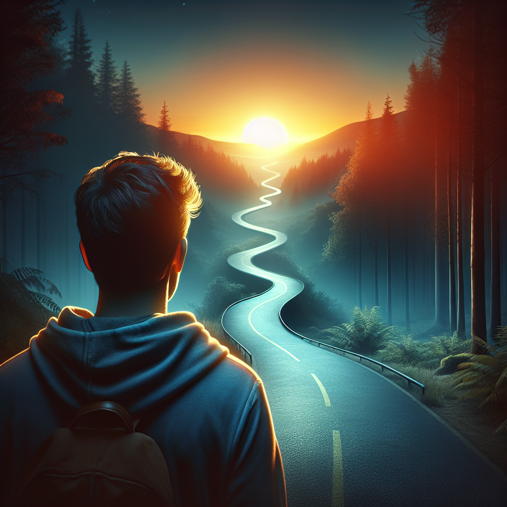 A person with a backpack stands at the beginning of a winding road through a forest, looking towards a rising sun. This image captures the essence of embarking on a new journey or adventure.