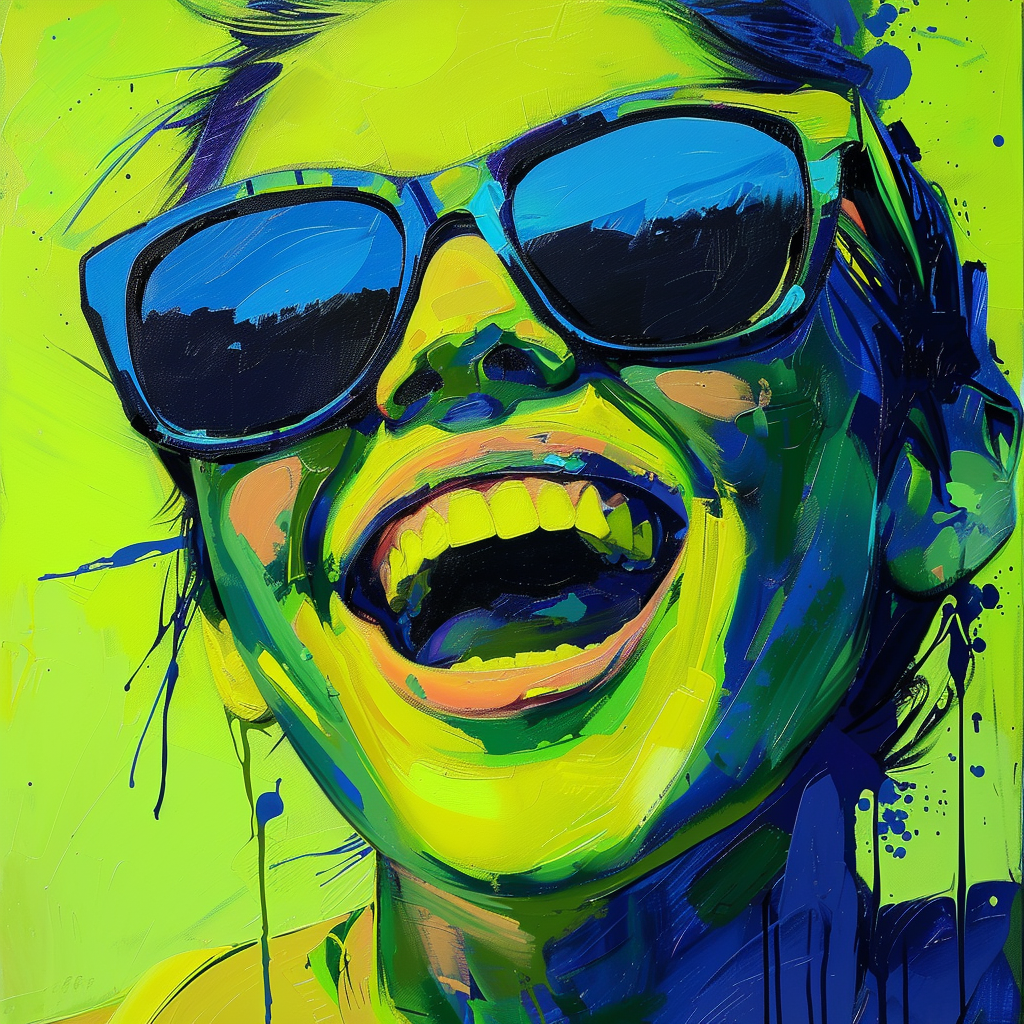 A vibrant, paint-splattered portrait of a person wearing sunglasses, laughing joyfully, reflecting the quote, Life is worth living as long as there's a laugh in it.