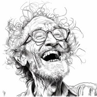 A black and white sketch of an elderly man with wild hair and glasses, laughing heartily, embodying the quote Life is worth living as long as there's a laugh in it.