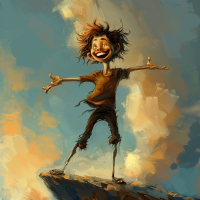 A joyful character standing on a hill, arms wide open and laughing, reflecting the quote Life is worth living as long as there's a laugh in it. The background is a vibrant, impressionistic sky.