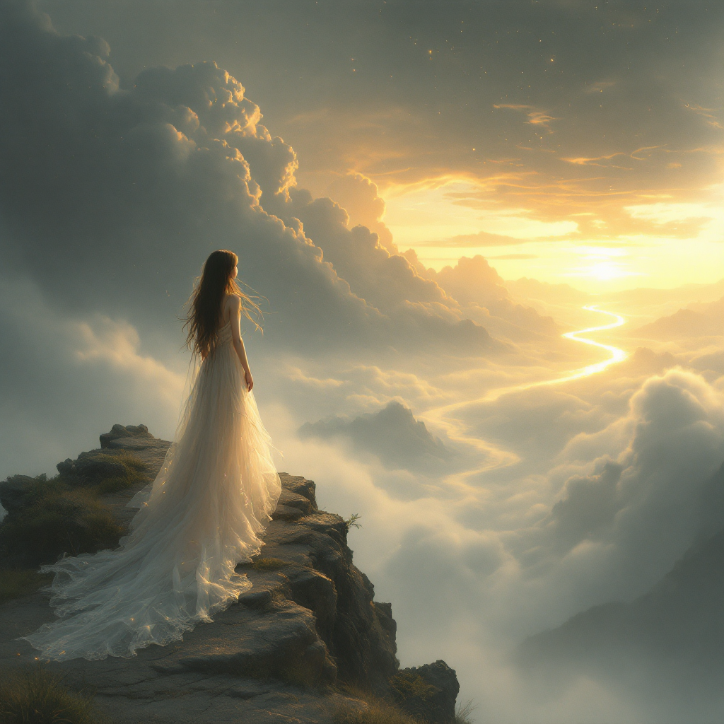 A figure in a flowing white gown stands on a cliff, gazing out at a breathtaking sunrise over a sea of clouds, embodying the adventure and eternity of the human journey.