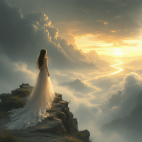 A figure in a flowing white gown stands on a cliff, gazing out at a breathtaking sunrise over a sea of clouds, embodying the adventure and eternity of the human journey.