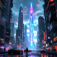 A lone figure stands in a vibrant, futuristic cityscape, surrounded by towering skyscrapers and a glowing, crystal-like structure, embodying the idea of stepping outside one's comfort zone to grow.