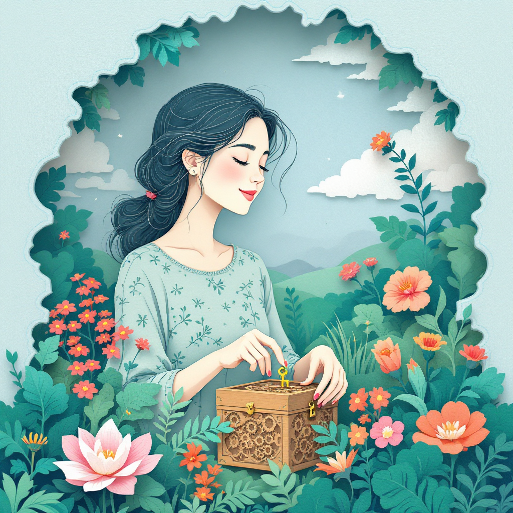 A serene woman stands amidst vibrant flowers, opening a decorative box, embodying the quote: Life is not about what you have, but what you make of what you have.