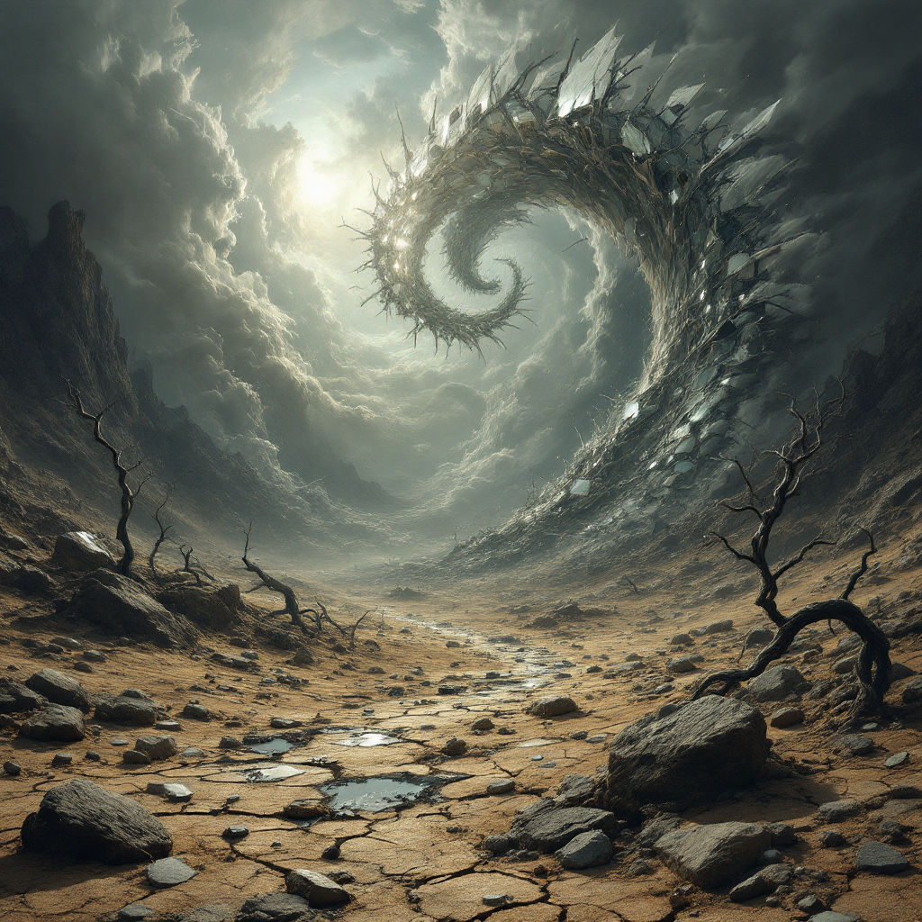 A surreal landscape features a swirling, metallic vortex above a cracked, barren ground under a dramatic sky, embodying the urgency of survival from the quote on patience.