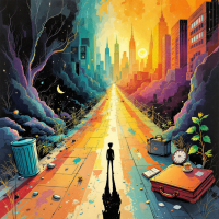 A silhouette stands on a vibrant street dividing dark, overgrown areas and a colorful city skyline, symbolizing the choice to craft a meaningful life amidst uncertainty.