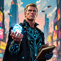 A confident figure in a futuristic cityscape holds a glowing crystal in one hand and a book in the other, embodying the idea of responsible power and true strength.