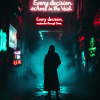 A cloaked figure stands in a misty alley, illuminated by neon signs that read, Every decision echoes in the Void. The atmosphere conveys a sense of mystery and timeless consequence.