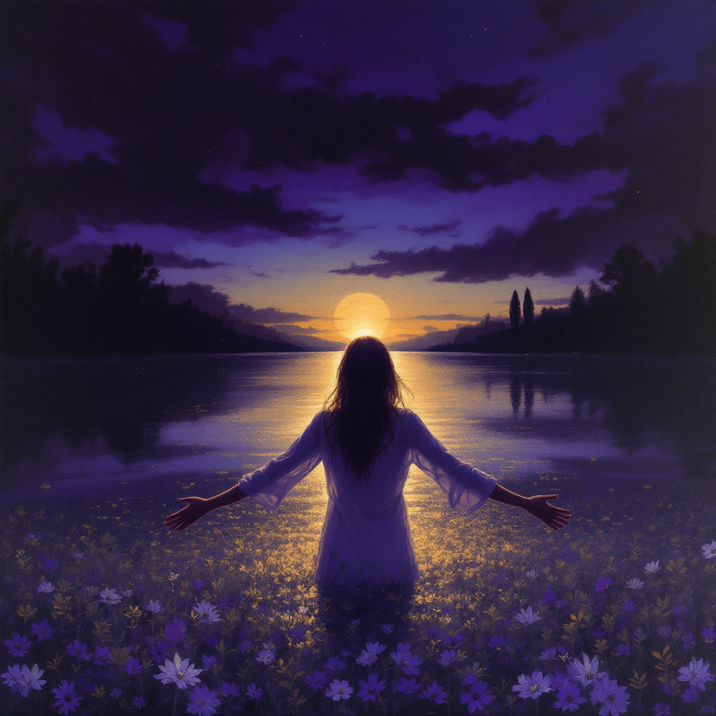 A silhouette of a woman stands in a lake, arms outstretched, embracing a vibrant sunset, surrounded by blooming flowers—a serene depiction of love, connection, and the beauty of relationships.