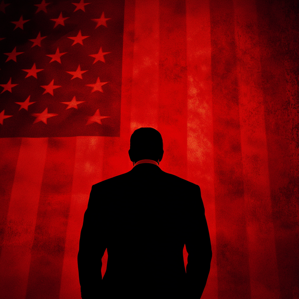 A silhouette of a man in a suit stands before a red-tinted American flag, representing a president who serves more as a figurehead than a leader, drawing attention away from real power.