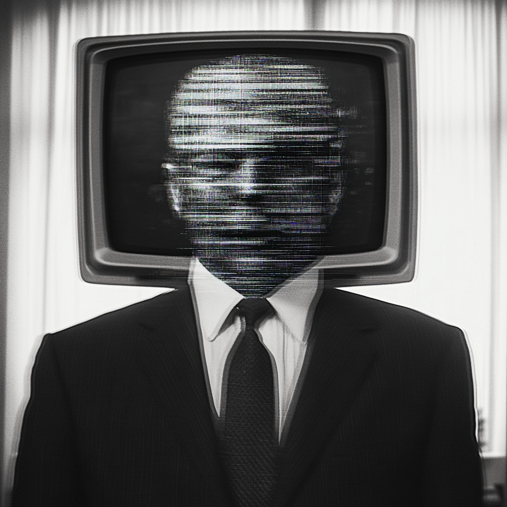 A man in a suit stands with a television screen instead of a head, displaying a distorted image. This visualizes the concept of a figurehead President whose role is to distract from real power.