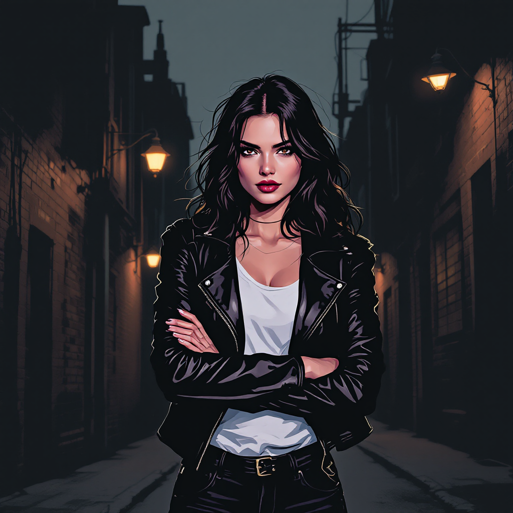 A confident woman in a leather jacket stands with arms crossed in a dimly lit alley, embodying strength and defiance, reflecting the quote about knowing when to assert oneself.