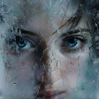 A close-up of a face with intense blue eyes, partially obscured by a cracked, frosty texture. Inspired by the book quote: I am what I am, an’ I’m not ashamed.