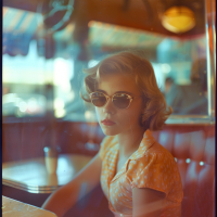 A woman in vintage attire and sunglasses sits confidently in a retro diner, embodying the quote, I am what I am, an’ I’m not ashamed.