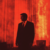 A man in a suit, symbolizing a figurehead president, stands silhouetted against a dramatic red background, invoking a sense of tension and intrigue, aligning with the book quote describing his role.