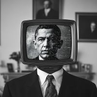 A suited figure with an old TV as a head, displaying a stern man's face, conveying a political figurehead with no real power, meant to draw attention away from true leadership.