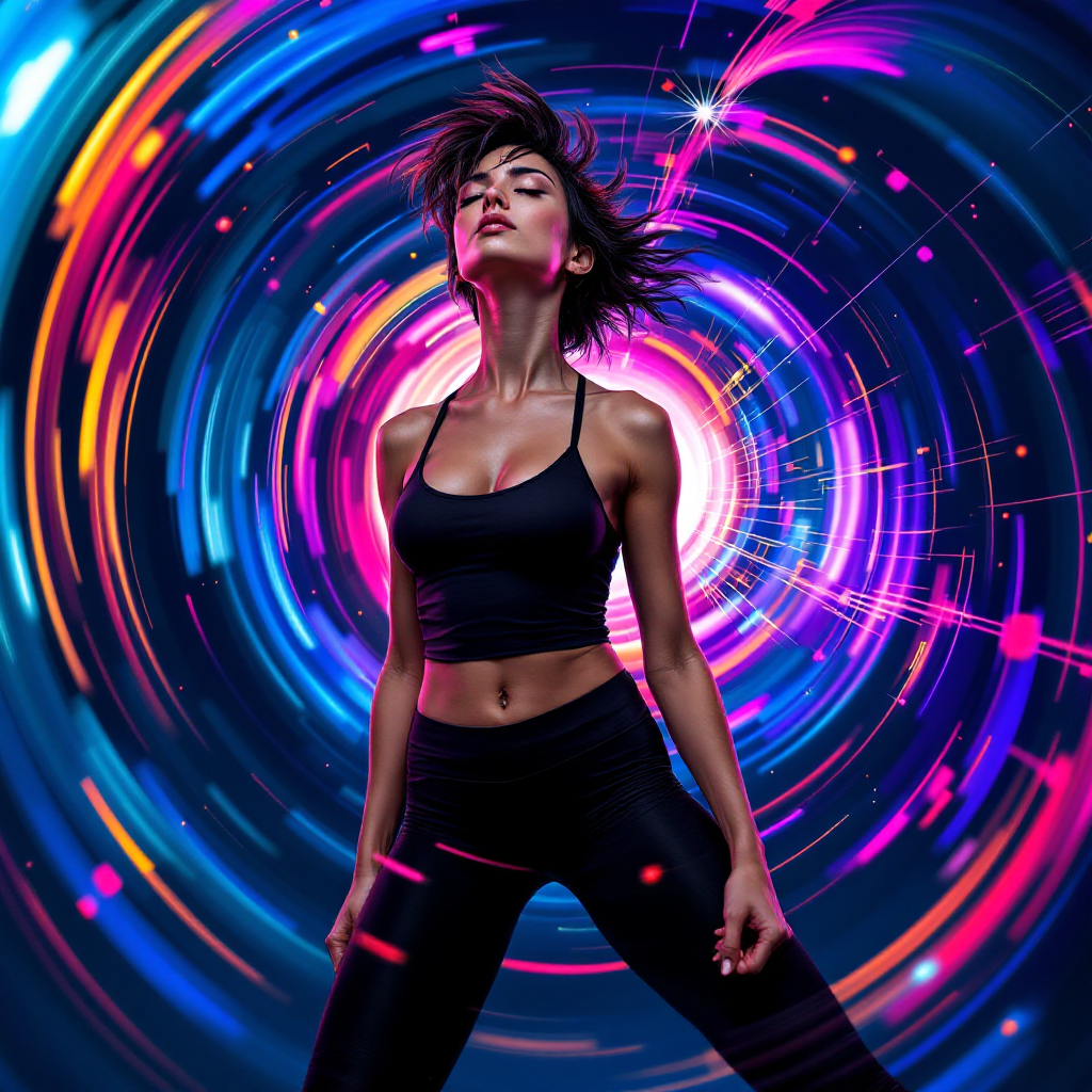 A confident woman stands in athletic wear against a vibrant, swirling background of neon colors, embodying strength and determination amidst her personal battles.