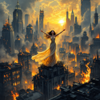 A woman in a flowing dress stands triumphantly atop a burning city, surrounded by chaos. The setting sun casts a warm glow, symbolizing the opportunity within turmoil.