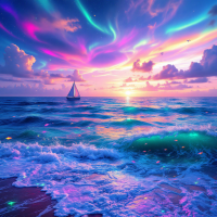 A colorful sunset reflects on the shimmering sea, with vibrant waves and a solitary sailboat under a sky swirling with shades of blue, pink, and purple, evoking the beauty of the open sea.