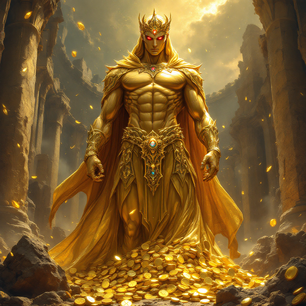 A powerful figure draped in golden armor stands amidst piles of gold in a ruined temple, embodying the essence of survival over heroism or villainy.