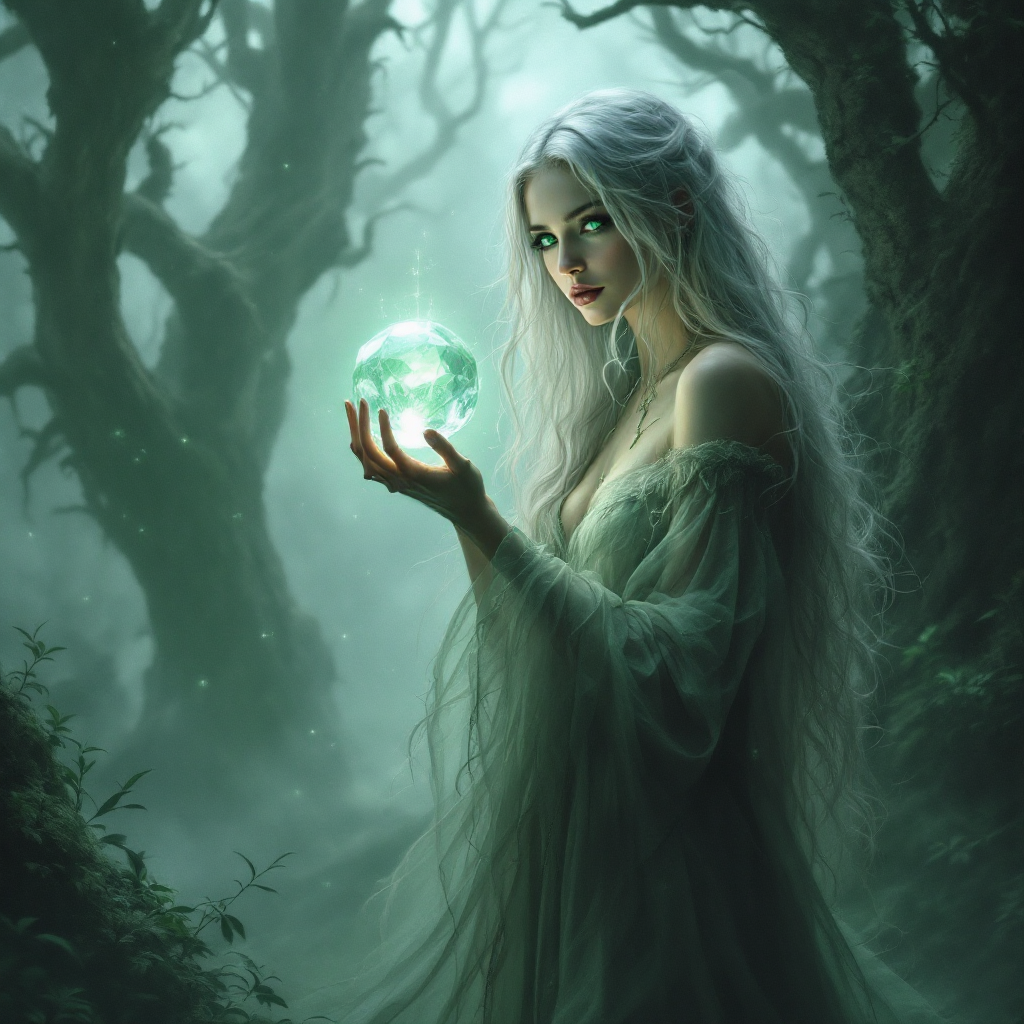 A mystical figure with long white hair stands in a foggy forest, holding a glowing orb, embodying the sentiment of being a part of the world but never truly in it.