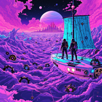 Two explorers stand on a vibrant, futuristic sailboat, navigating through a surreal ocean of purple waves under a starry sky, embodying the quest for connection through time and distance.