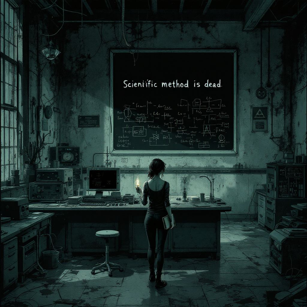 A figure stands in a dim, cluttered laboratory, facing a chalkboard that reads Scientific method is dead, symbolizing the decline of freedom of information in science.