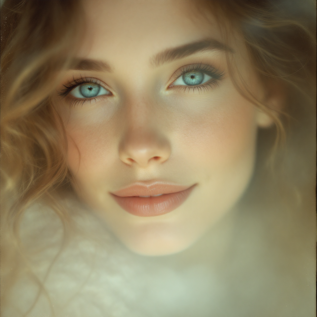 A close-up of a young woman with captivating blue eyes and soft, wavy hair, her expression conveying deep emotion, reflecting a moment of connection and insight into her loved ones' souls.