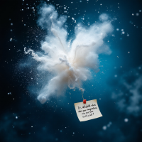 A cloud-like explosion of light and particles against a dark background features a note that reads, It's delightful when your imaginations come true, isn't it? capturing a whimsical essence.