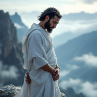 A contemplative figure dressed in flowing white robes stands atop a rocky mountain, gazing downward amidst a backdrop of misty peaks and clouds, embodying philosophical reflection.