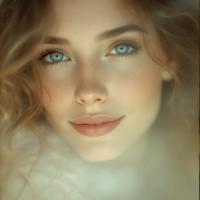 A close-up of a young woman with captivating blue eyes and soft, wavy hair, her expression conveying deep emotion, reflecting a moment of connection and insight into her loved ones' souls.