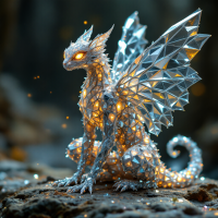 A luminous, crystalline dragon with intricate wings and glowing eyes sits gracefully among rocky terrain, embodying beauty and grace in a whimsical, enchanting setting.