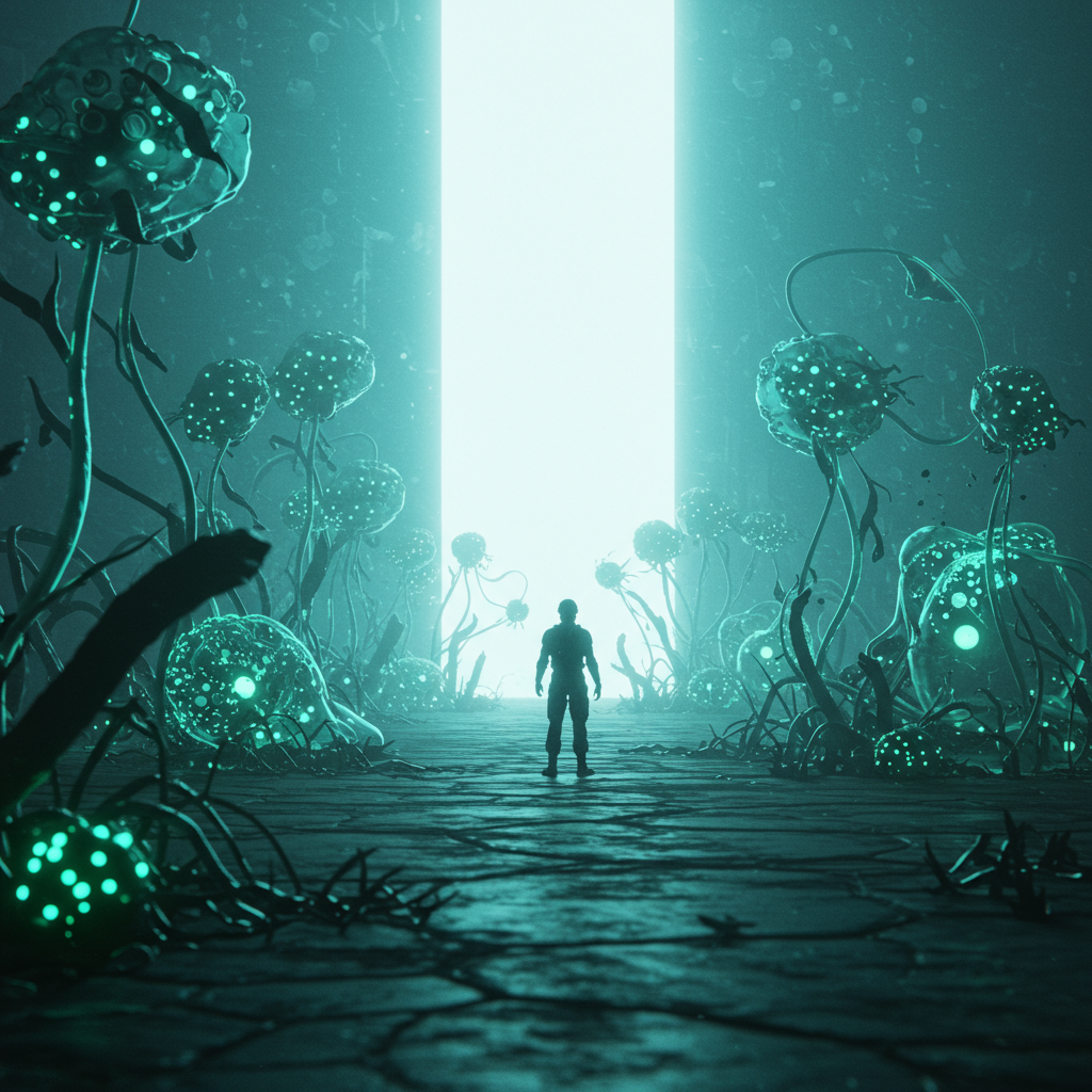 A lone figure stands in a dark, alien forest of glowing plants, facing a towering, blinding pillar of light—embodying the challenge of fighting an unseen enemy.