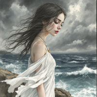 A serene young woman in a flowing white dress stands on rocky shores, gazing thoughtfully at turbulent ocean waves beneath a dramatic, cloudy sky, embodying the idea of fear as a guiding force.