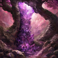 A fantastical tree with its bark removed, revealing a core of dark purple crystals resembling amethyst, and within, a column of near-pure quartz. Lush pink sunlight shines through, exposing dark fluid-filled capillaries.