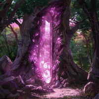 An ancient tree with a large, glowing, amethyst-like crystal exposed at its core. The surrounding forest is bathed in lush pink sunlight, hinting at an otherworldly setting.