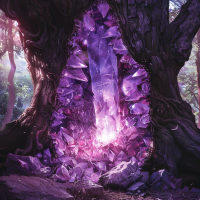 A tree with its trunk partially split open, revealing a rough layer of dark purple crystals resembling amethyst. Inside, a column of near-pure quartz is visible, surrounded by a pink glow.