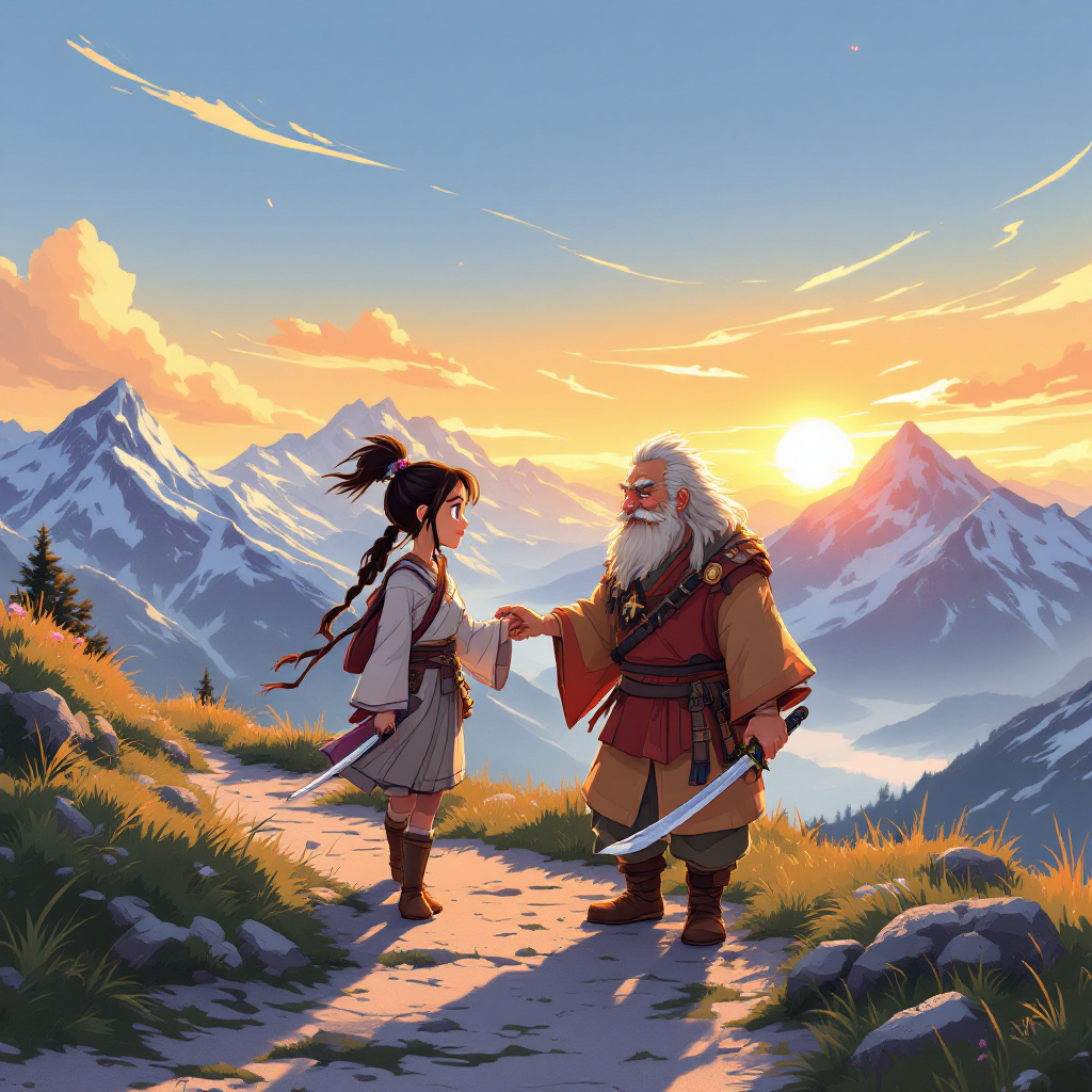 A young warrior and an elder mentor share a moment of guidance on a mountain path at sunset, embodying the idea of supporting the best, as illustrated in the quote.