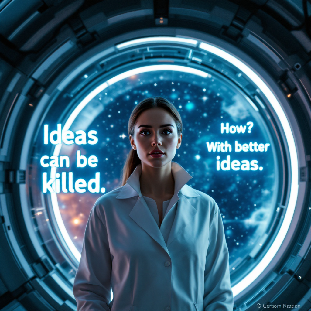 A woman stands confidently in a futuristic airlock with stars outside, accompanied by the quote: Ideas can be killed. How? With better ideas.